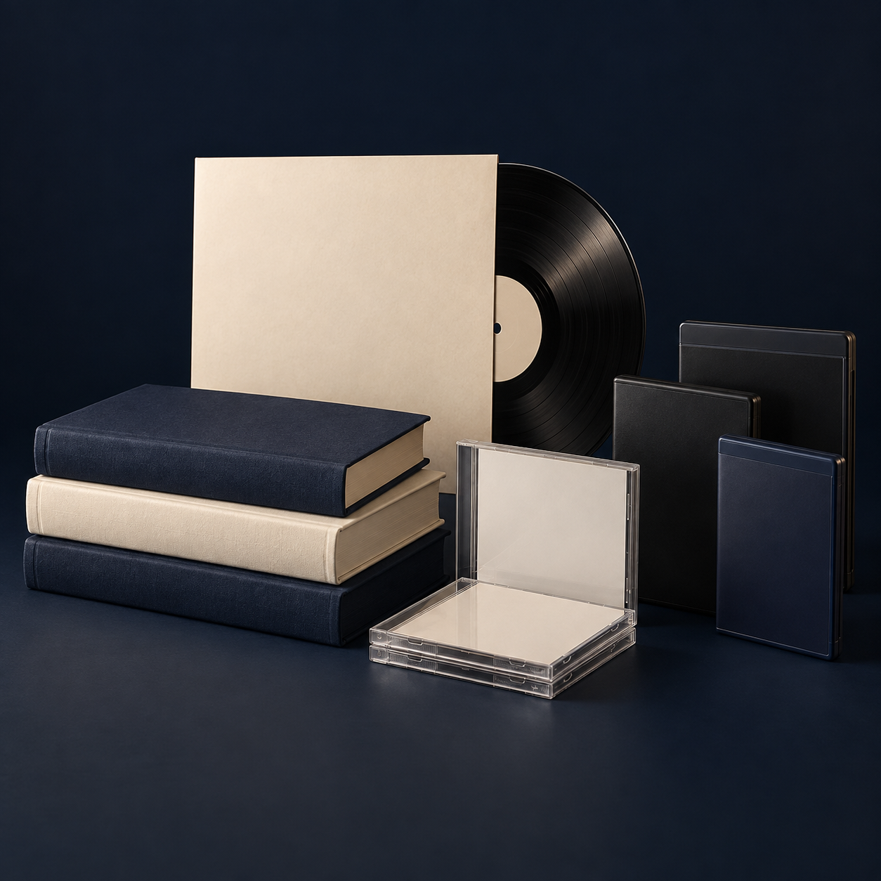 Illustrative collection of books, vinyl, CDs and film and game cases